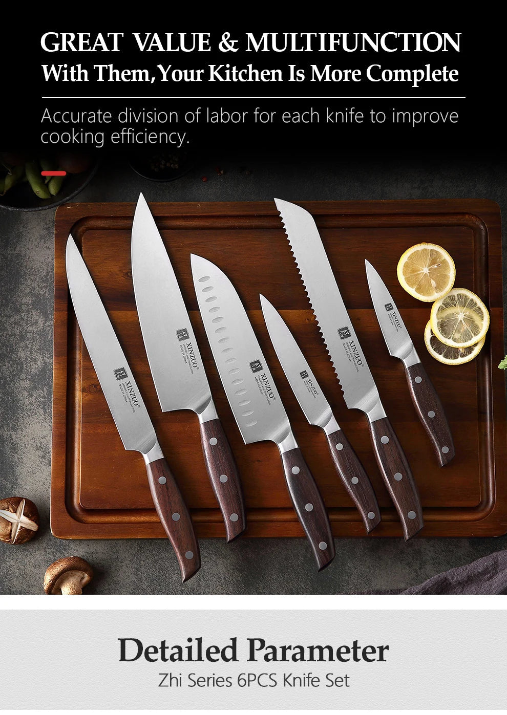 XINZUO Kitchen Tools 6 PCS Kitchen Knife Set of Utility Cleaver Chef Bread Knife High Carbon German Stainless Steel Knives Sets - petguardiansupplies