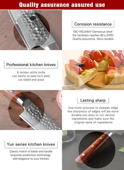 XINZUO 6'' Utility Knife vg10 Damascus Steel Kitchen Utility Knives for Vegetables Rosewood Handle Stainless Steel Paring Knife - petguardiansupplies