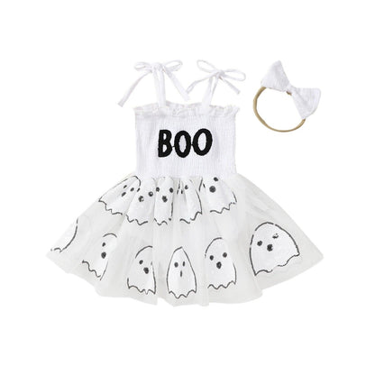 FOCUSNORM 0-24M Lovely Baby Girls Halloween Romper Dress Letter Embroidery Ghost Sequin Tie Spaghetti Strap Jumpsuit Headband - petguardiansupplies