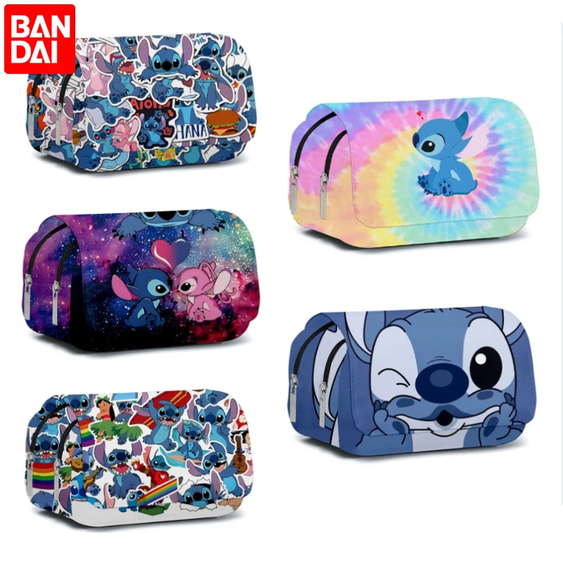 BANDAI Stitch Fully Printed Flap Pen Bag Stationery Box Cartoon Large Capacity Pencil Case Cute Anime Bags Student School Bag - petguardiansupplies