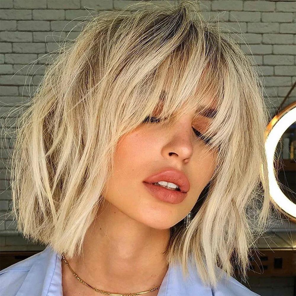 10" Perfect Neck Length Long Layered Haircuts in 2024 Ashy Blonde Highlights Human Hair Wig Cute Bangs Bob HD Lace Frontal Wig - petguardiansupplies