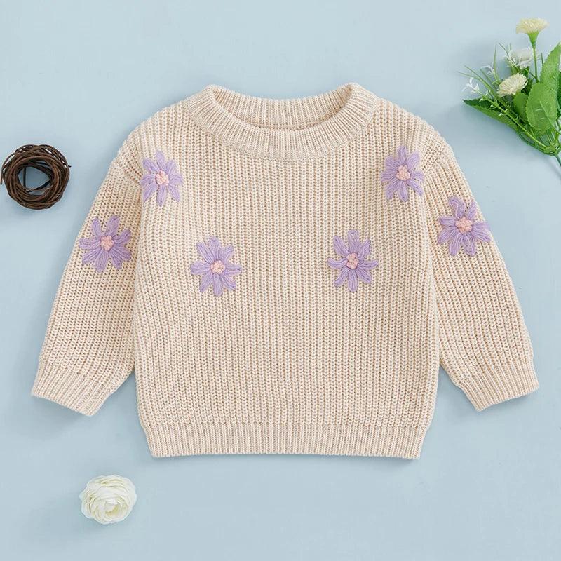 FOCUSNORM 0-3Y Autumn Winter Baby Girls Sweater Flower Embroidery Crew Neck Long Sleeve Kids Pullovers Fall Tops - petguardiansupplies