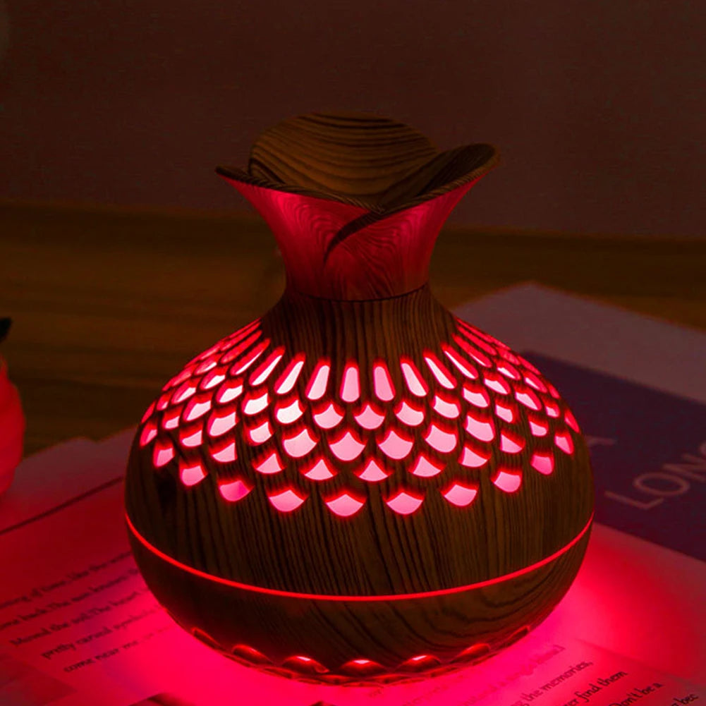 300ML Wood Grain Flower Humidifier Silent Aromatherapy Diffuser USB Rechargeable Mini Humidifier with Colourful Night Light - petguardiansupplies