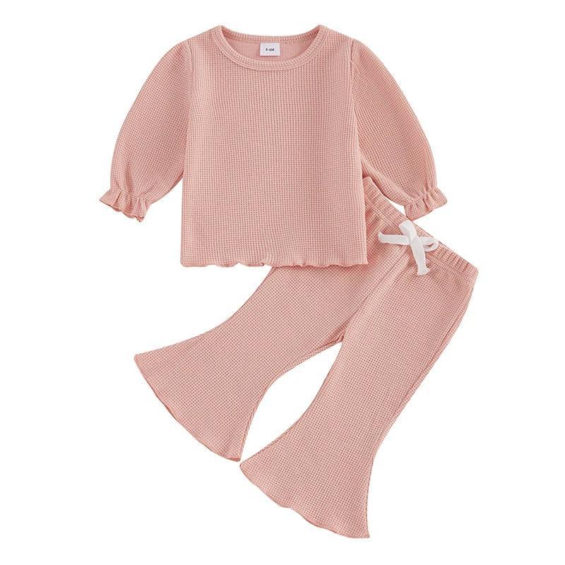 FOCUSNORM 0-3Y Lovely Baby Girls Autumn Clothes Sets 2pcs Solid Color Waffle Long Sleeve Tops and Elastic Flare Pants - petguardiansupplies