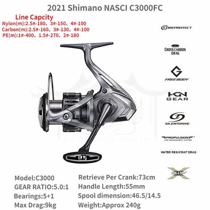 2021 Shimano NASCI FC 500 C2000 2500 2500HG 2500SHG C3000 C3000HG 4000 4000XG C5000XG Spining Fishing Reel Saltwater Fishing - petguardiansupplies