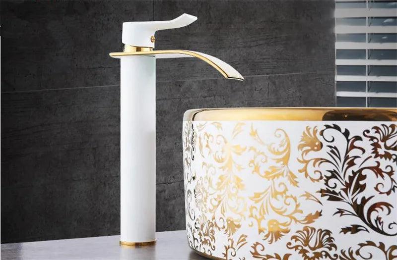 Basin Faucet Gold and white Waterfall Faucet Brass Bathroom Faucet Bathroom Basin Faucet Mixer Tap Hot and Cold Sink faucet - petguardiansupplies