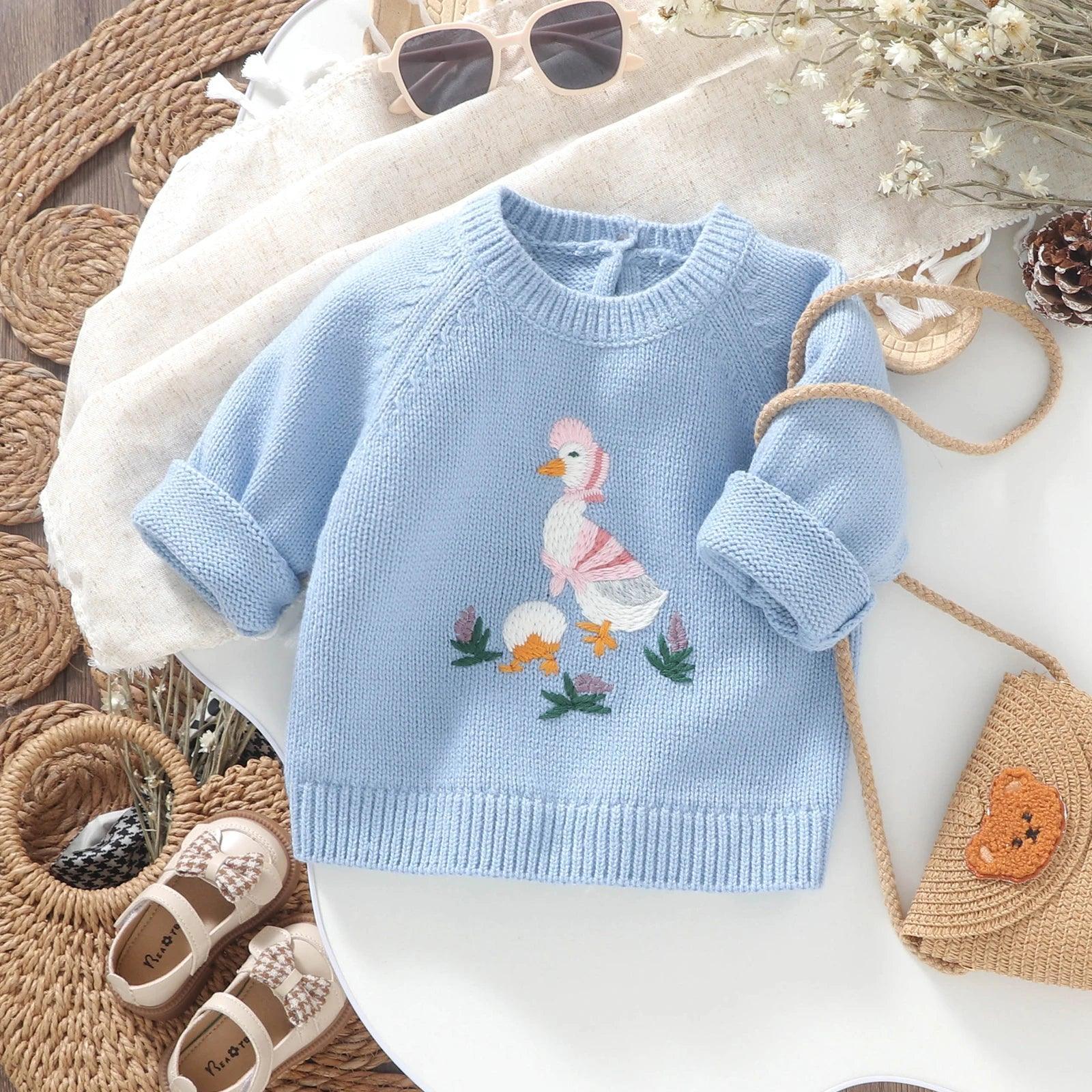 FOCUSNORM 4 Colors Lovely Baby Girls Sweater 0-3Y Cartoon Duck Embroidery Long Sleeve Pullovers Fall Winter Kids Jumpers Tops - petguardiansupplies