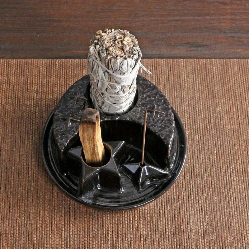 4-In-1 Ceramic Candle & Incense Holder Morandi Color with Cute Stars and Moon Design Perfect for Sage Palo Santo Stick Incense - petguardiansupplies