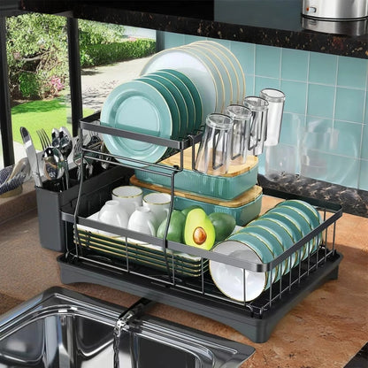 Large 2-tier dish drying rack for kitchen countertops, removable large-capacity dish draining rack - petguardiansupplies