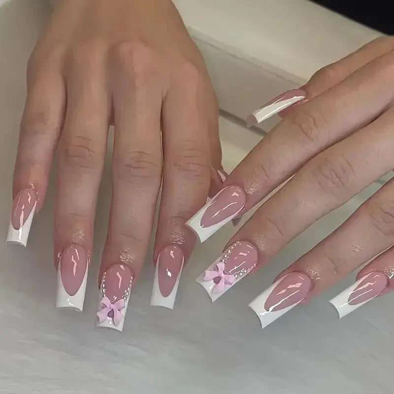 Pink French Style 3D Bowknot Press-On Nails-12