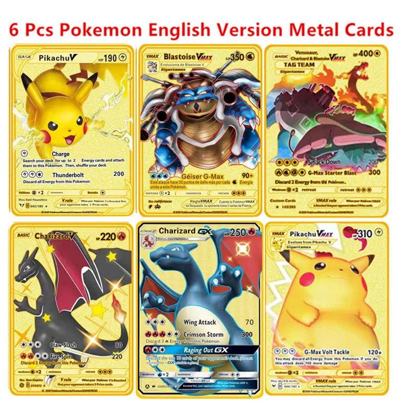 Pokemon English Metal Card Anime Pikachu Charizard Mewtwo Blastoise Vmax Shiny Letters Game Collection Card Kids Toy Gifts - petguardiansupplies