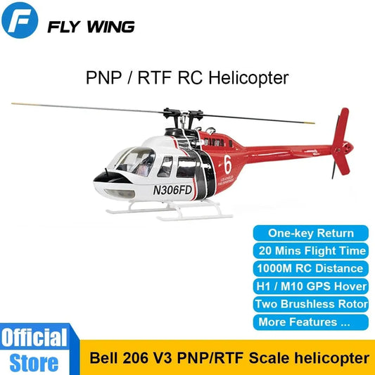 FLY WING Bell 206 V3 RC Helicopter RTF PNP 6CH Brushless Motor GPS Aircraft 450 size and H1 M10 GPS module 1:16 Scale Helicopter - petguardiansupplies