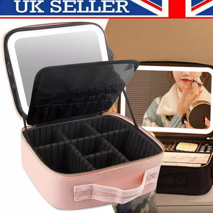 Makeup Bag With LED Mirror Vanity Case Beauty Box Make Up Travel Cosmetic Bag~UK - petguardiansupplies