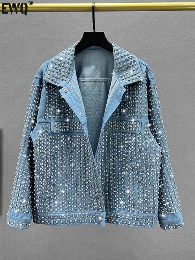 [EWQ] Streetwear Patchwork Rivet Denim Jacket Women Fashion Lapel Long Sleeve Loose Coats Female Outerwear 2024 Autumn New Trend - petguardiansupplies