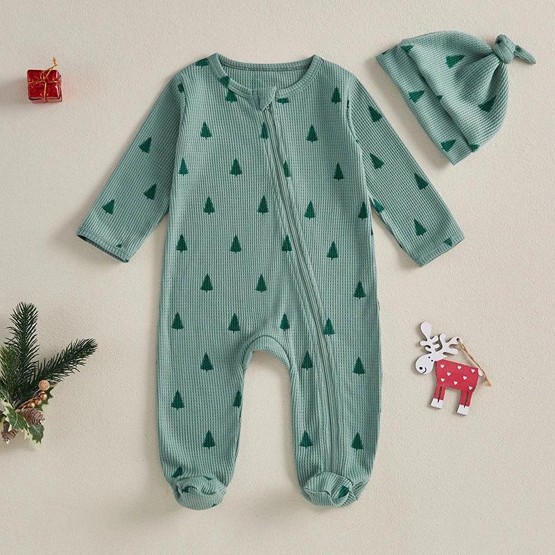 FOCUSNORM Newborn Baby Girls Boys Christmas Romper Sets Xmas Tree Print Long Sleeve Zip-Up Footed Jumpsuits Knot Hat - petguardiansupplies