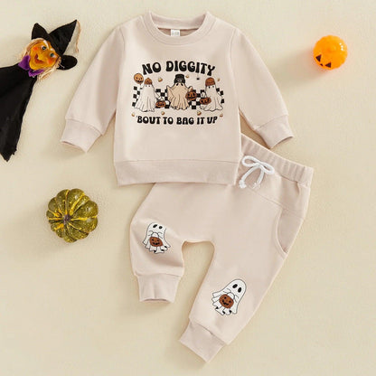 FOCUSNORM 0-3Y Casual Baby Boys Halloween Clothes Sets 2pcs Ghost Letter Print Long Sleeve Sweatshirt Elastic Waist Pants - petguardiansupplies