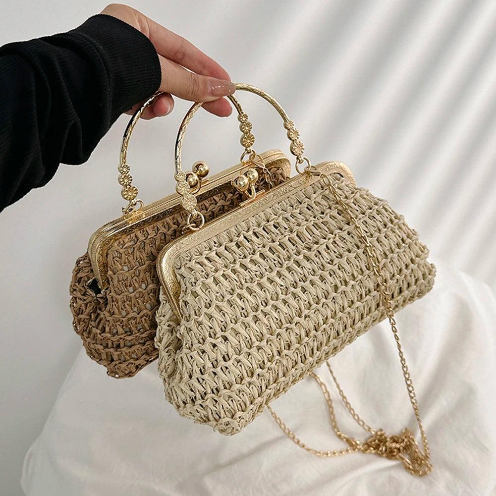 Summer Beach Straw Bags Exquisite Gold Chain Party Banquet Purse Hand Woven Handbag Female Clutch Bag Shoulder Crossbody Bags - petguardiansupplies