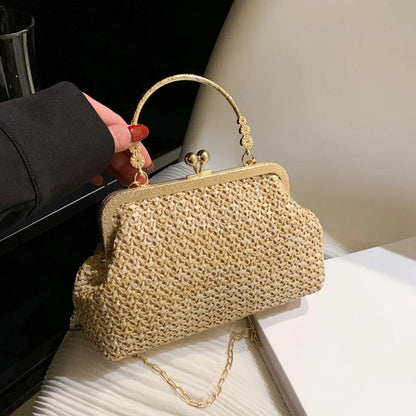 Summer Beach Straw Bags Exquisite Gold Chain Party Banquet Purse Hand Woven Handbag Female Clutch Bag Shoulder Crossbody Bags - petguardiansupplies