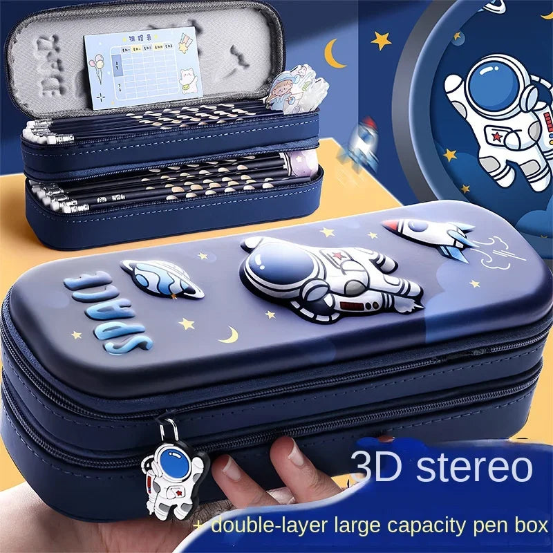 Astronaut 3D Cartoon Pencil Case Boys Stationery Box New Popular Student Double-layer Large Capacity Student Supplies Waterproof - petguardiansupplies