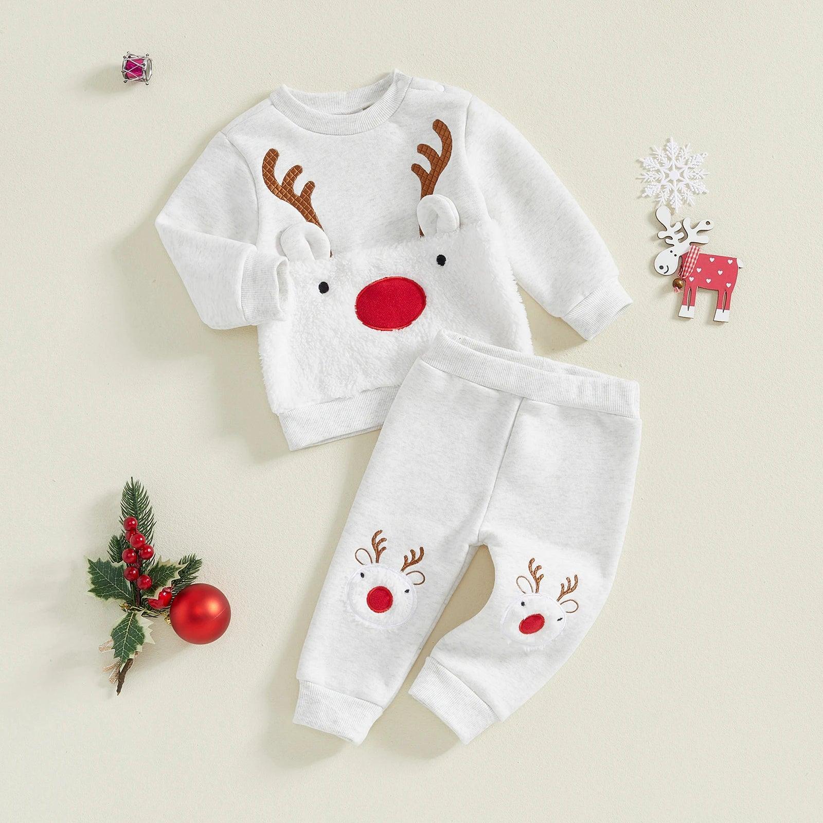 FOCUSNORM 0-3Y Autumn Winter Baby Girls Boys Christmas Clothes Sets Fur Reindeer Embroidery Long Sleeve Sweatshirt with Pants - petguardiansupplies