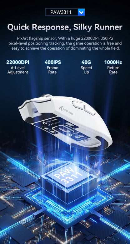 Attack Shark X11 Wireless Mouse,Bluetooth/2.4G/wired Tri-Mode Mouse ,PAW3311 RGB Magnetic charging dock Gaming Mouse - petguardiansupplies