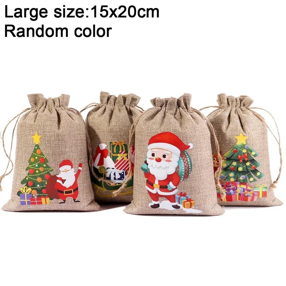 1/10PCS Christmas Linen Drawstring Bags Candy Biscuits Pouchs Burlap Bracelet Jewelry Storage Bags Xmas Kids Gift Packaging Bags - petguardiansupplies