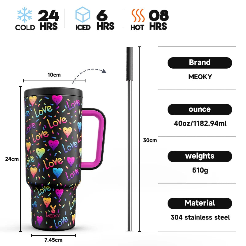 Meoky 40oz Tumbler Handle Straw Multiple Prints Stainless Steel Bottle Thermos Coffee Cup Portable Vacuum Insulated Car Mug Gift - petguardiansupplies