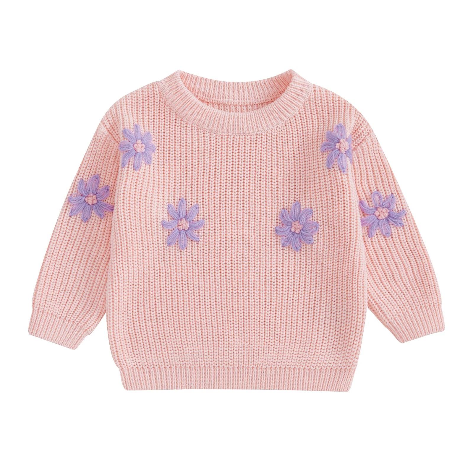 FOCUSNORM 0-3Y Autumn Winter Baby Girls Sweater Flower Embroidery Crew Neck Long Sleeve Kids Pullovers Fall Tops - petguardiansupplies