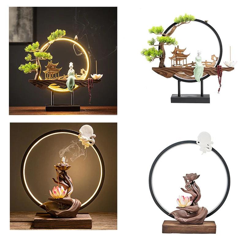 USB Light Ring Ornament LED Light Reflux Incense Burner Simulation Tree Ceramic Lotus Buddha Bead Home and Office Decoration - petguardiansupplies