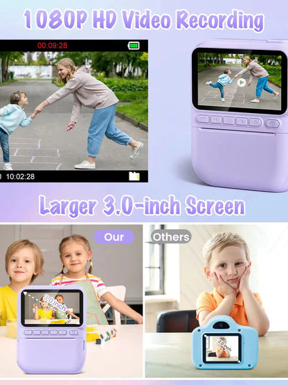 Kids Digital Camera 3.0" Portable Instant Print Camera 32MP HD 1080P Camera Toy Gift For 6-12 Year With 3 Rolls Printer Paper - petguardiansupplies