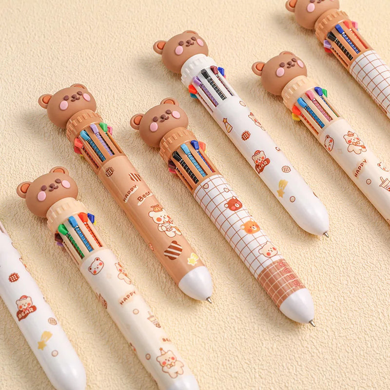 10 Colors Ballpoint Pen Cartoon Bear 0.5mm Colorful Ink Gel Pens Silicone Kawaii Pens School Office Supplies Korean Stationery - petguardiansupplies