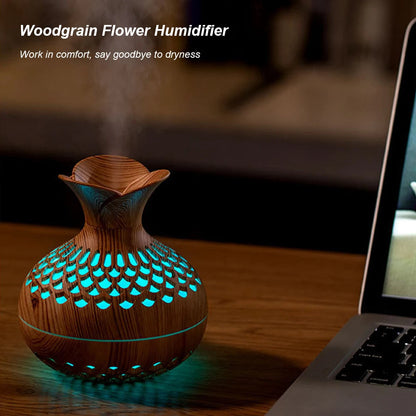 300ML Wood Grain Flower Humidifier Silent Aromatherapy Diffuser USB Rechargeable Mini Humidifier with Colourful Night Light - petguardiansupplies