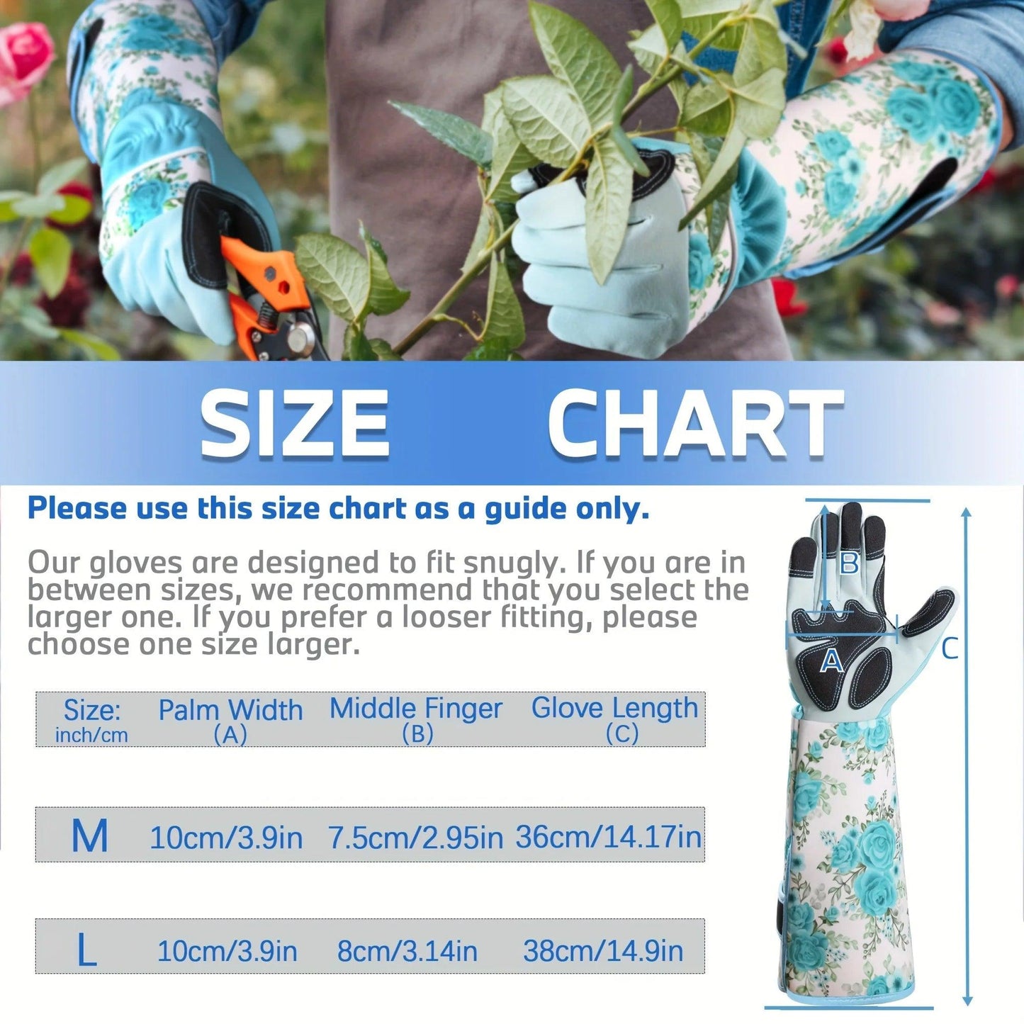 1 Pair Women's Long Gardening Gloves, Blue Print Leather, Thorn Proof, Breathable Gauntlet, Durable & Comfortable for Yard Work - petguardiansupplies