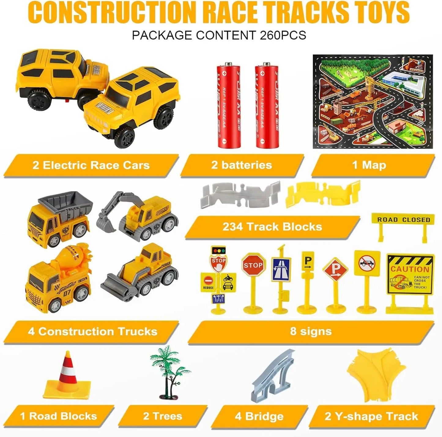 260 PCS Construction Race Tracks for Kids Toys, 2 Electric Cars, 4 Construction Cars, 1 Map & Flexible DIY Track Set for 3+ kids - petguardiansupplies