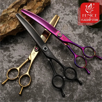 Fenice Professional JP440c 7 inch High quality Pet dog Grooming Scissors Curved thinning Shears Chunker Thinner Scissors - petguardiansupplies