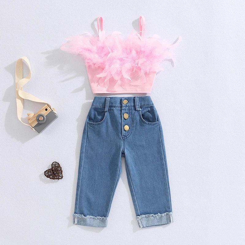 FOCUSNORM Little Girls Fashion Clothes Sets 1-6Y Ruffles Fur Feather Sleeveless Camisole Tops+High Waist Denim Pants 2pcs - petguardiansupplies