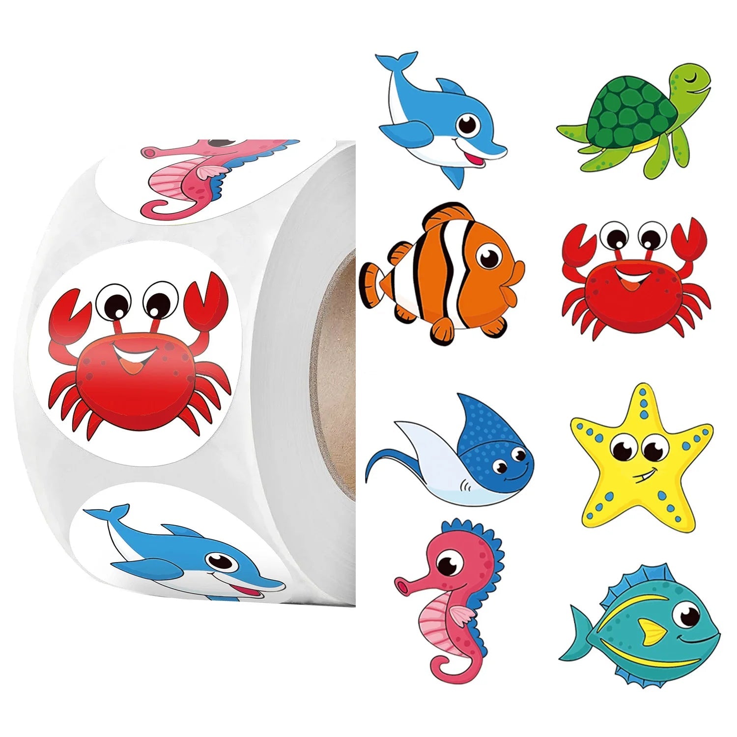 100-500 Pcs 1inch 2.5cm Sea Animal Stickers Roll Children's Toys Praise Reward Student Work Label Stationery Gift Sticker - petguardiansupplies