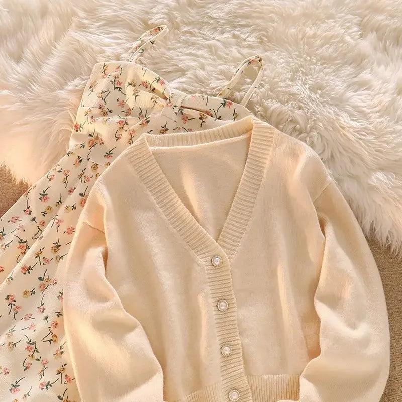 2024 Autumn New Fragmented Flower Tank Dress Elegant Dress Knitted Cardigan Warm Match Autumn Suit - petguardiansupplies