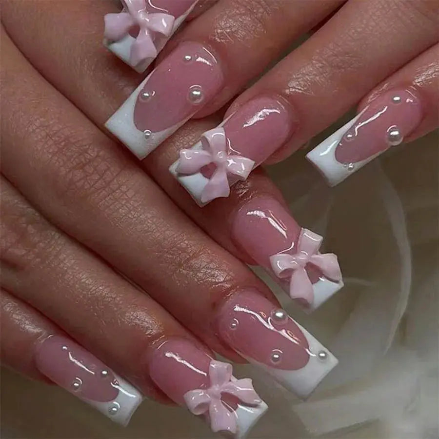 Pink French Style 3D Bowknot Press-On Nails-16