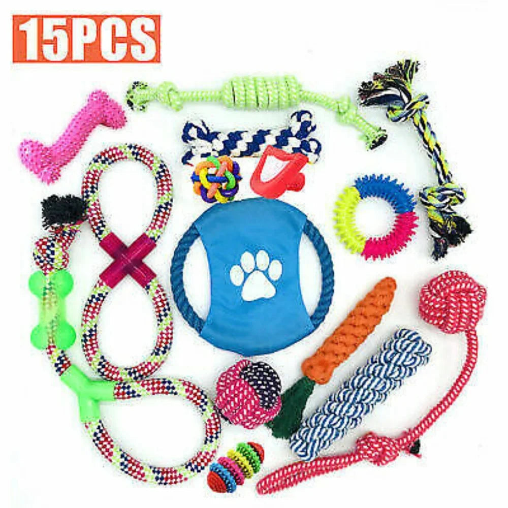 15X Tough Dog Toys Bundle Chew Rope Knot Ball Squeakers Pet Puppy Teething UK - petguardiansupplies