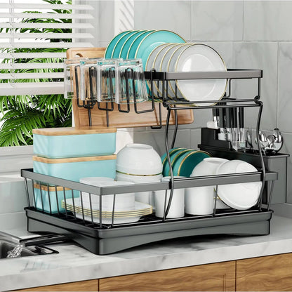 Large 2-tier dish drying rack for kitchen countertops, removable large-capacity dish draining rack - petguardiansupplies