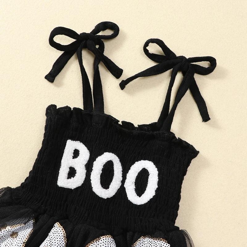 FOCUSNORM 0-24M Lovely Baby Girls Halloween Romper Dress Letter Embroidery Ghost Sequin Tie Spaghetti Strap Jumpsuit Headband - petguardiansupplies