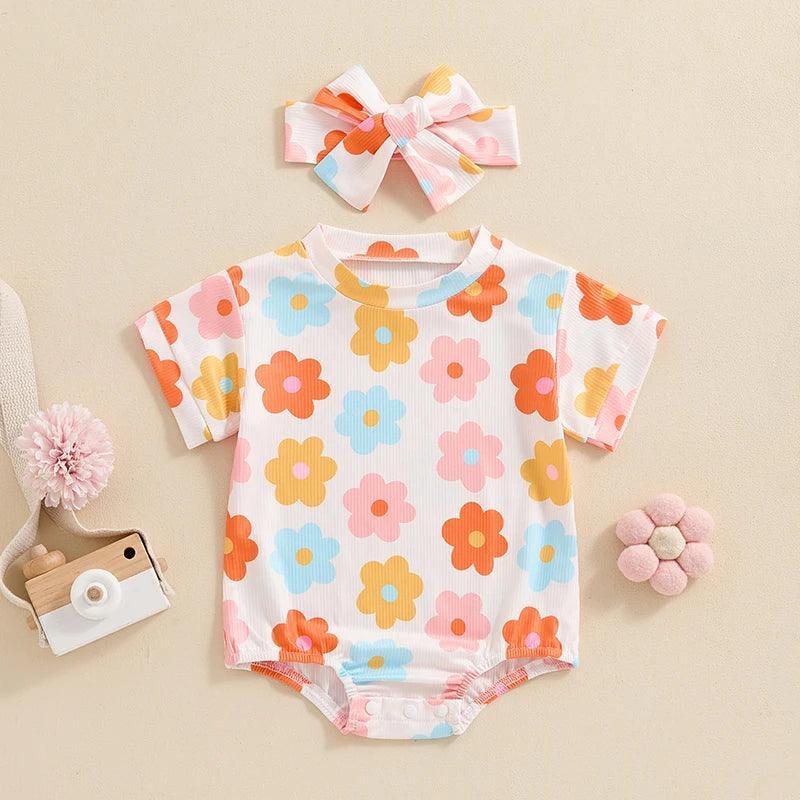 FOCUSNORM 0-18M Lovely Baby Girls Summer Cute Romper Short Sleeve O Neck Floral Print Jumpsuits with Headband - petguardiansupplies