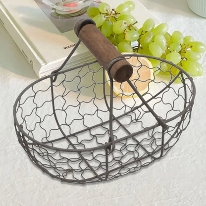 Iron Fruit Basket with Wooden Handle Fruit Vegetable Basket Storing Food Photography Props for Home Kitchen Living Room - petguardiansupplies