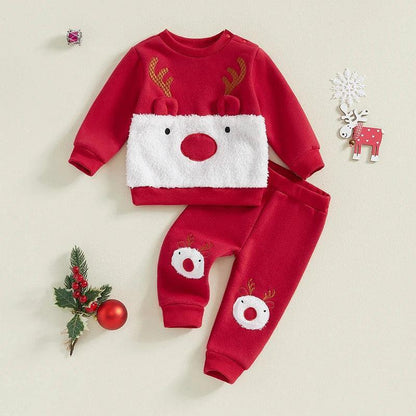 FOCUSNORM 0-3Y Autumn Winter Baby Girls Boys Christmas Clothes Sets Fur Reindeer Embroidery Long Sleeve Sweatshirt with Pants - petguardiansupplies