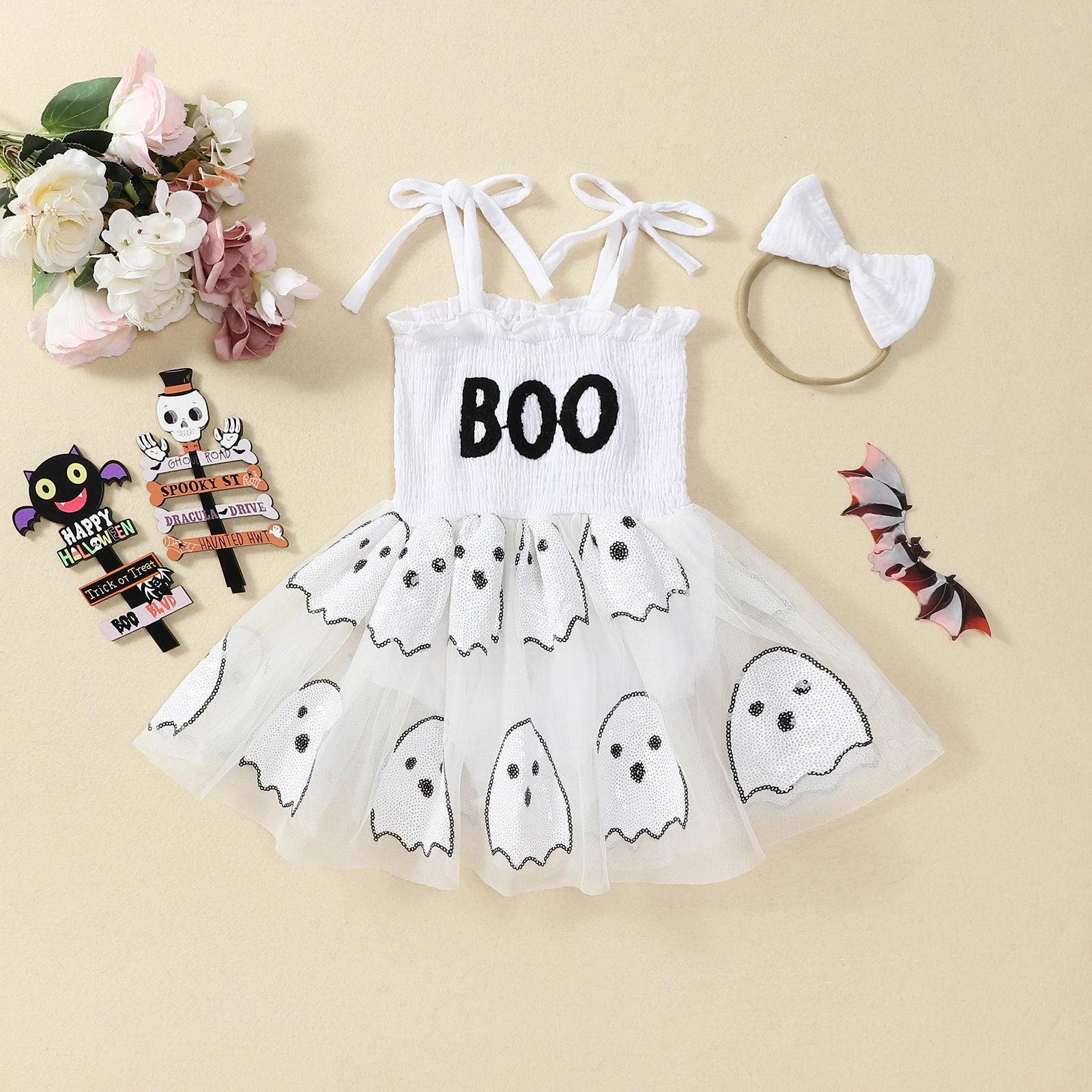 FOCUSNORM 0-24M Lovely Baby Girls Halloween Romper Dress Letter Embroidery Ghost Sequin Tie Spaghetti Strap Jumpsuit Headband - petguardiansupplies