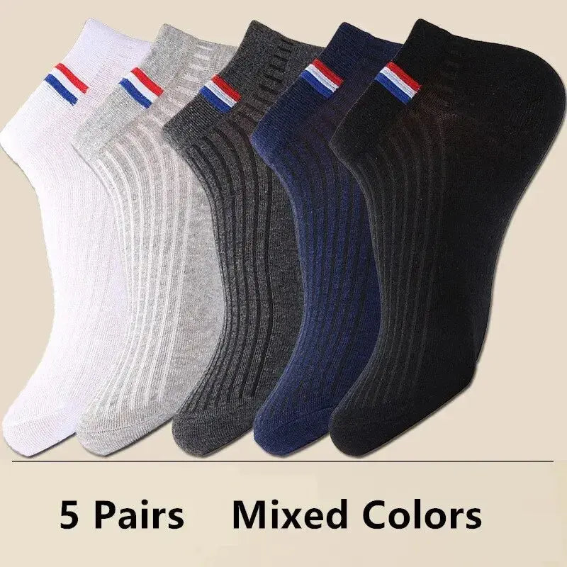 5 Pairs Thin Boat Socks Summer Blending Plain Color Mens Casual Breathable Sweat Absorbing Calibration - petguardiansupplies