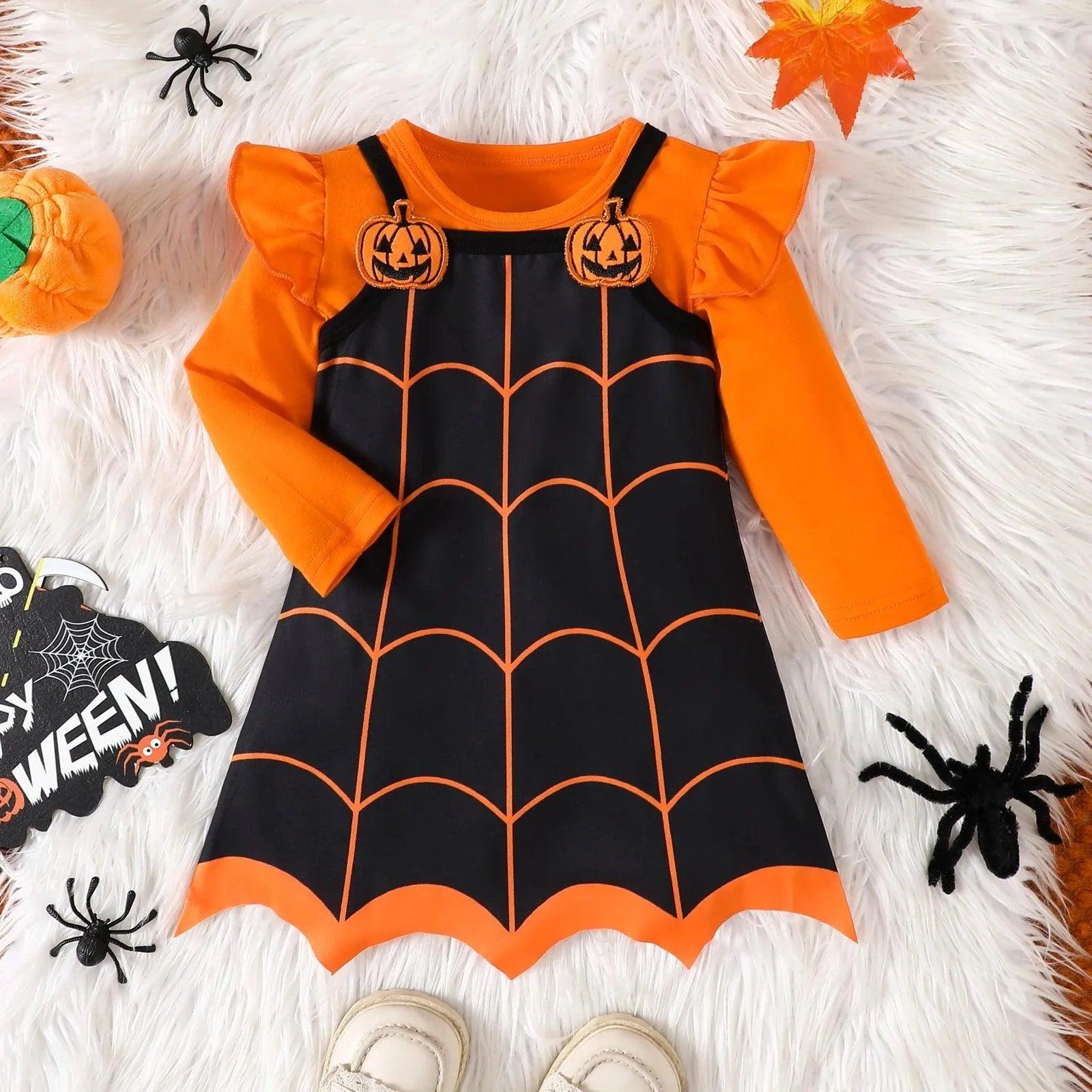 FOCUSNORM 0-4Y Autumn Little Girls Halloween Clothes Sets Outfit Long Sleeve Solid Tops and Pumpkin Patch Suspender Dress - petguardiansupplies