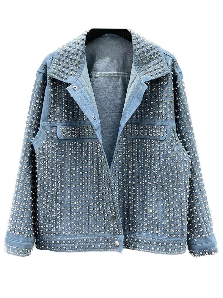 [EWQ] Streetwear Patchwork Rivet Denim Jacket Women Fashion Lapel Long Sleeve Loose Coats Female Outerwear 2024 Autumn New Trend - petguardiansupplies