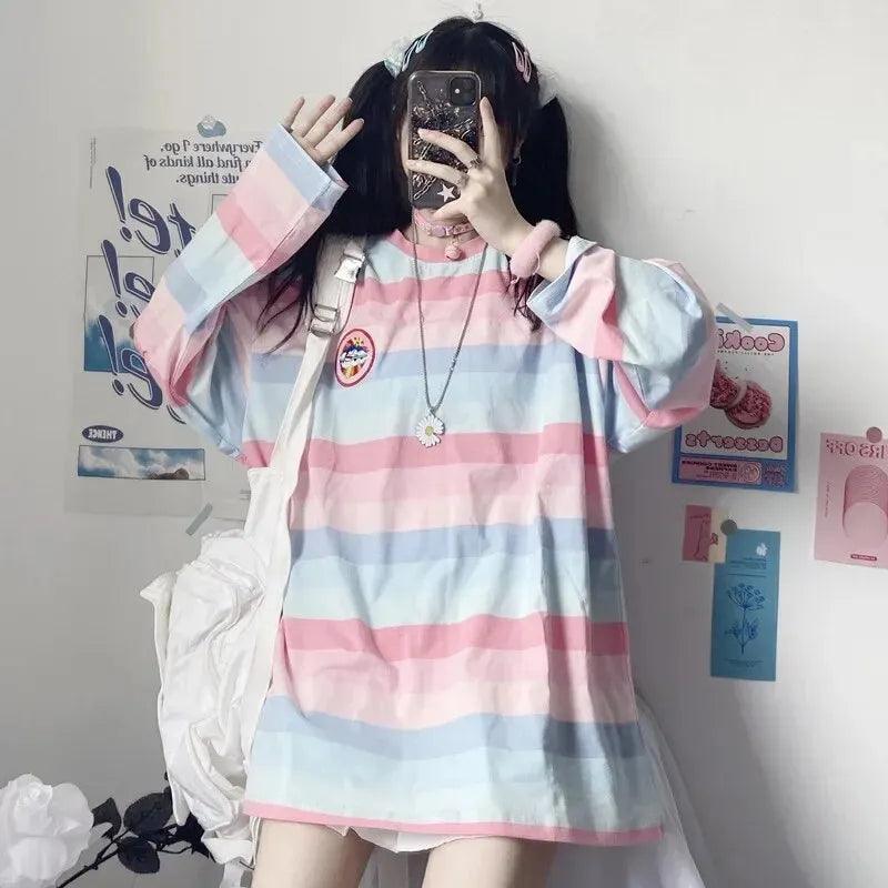 Autumn Long Sleeve Loose-fit Women's T-shirt Korean Style Striped Base Layer Top For Students Women's Clothing - petguardiansupplies